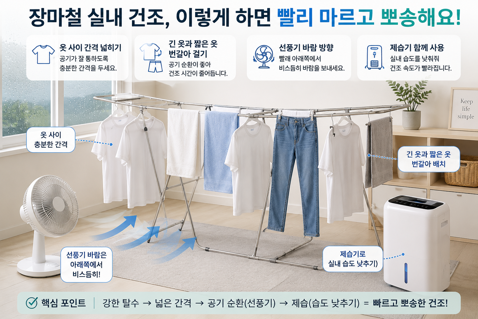 장마철 선풍기와 제습기를 활용한 실내 빨래 건조 배치