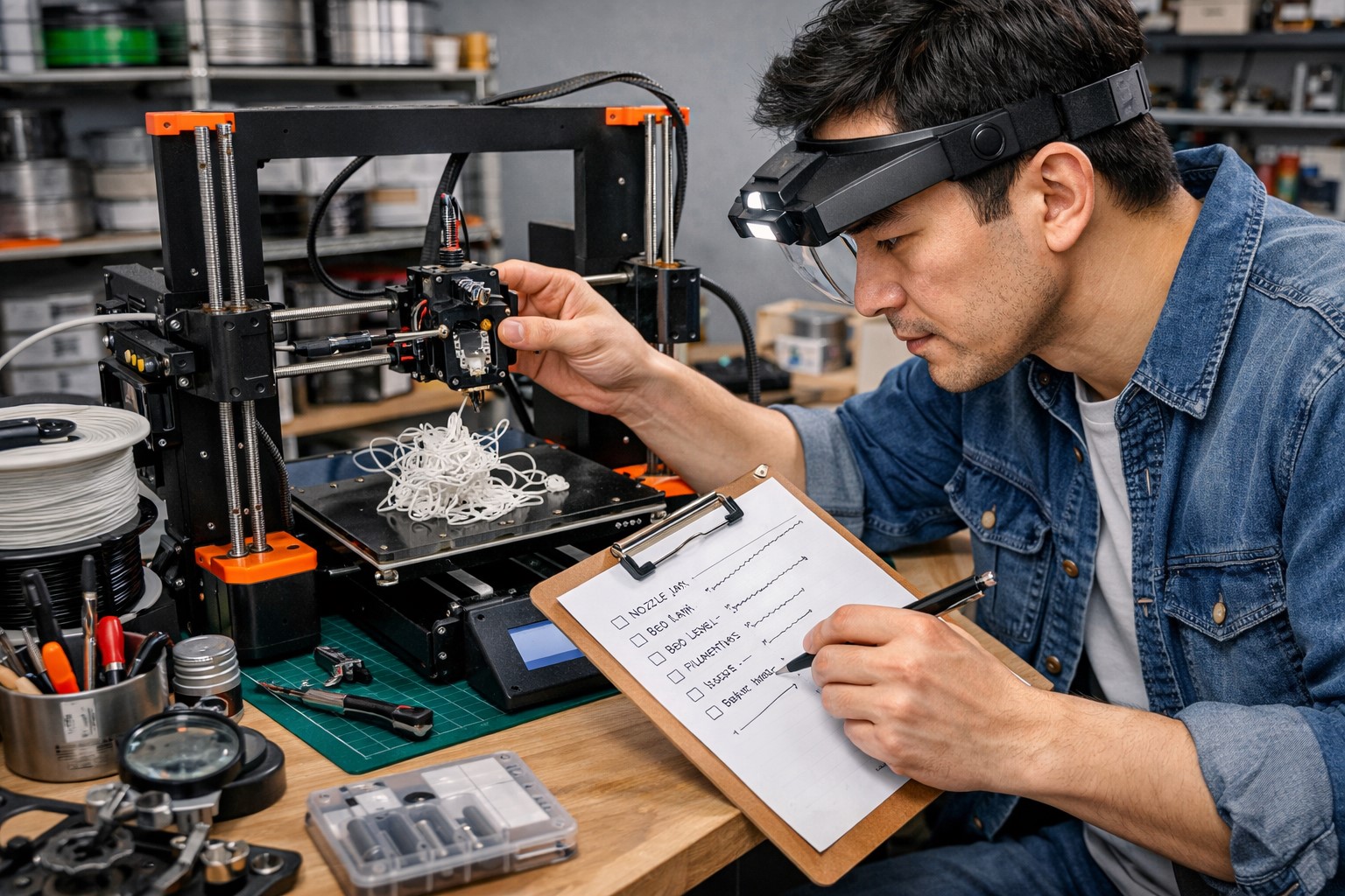 출력 실패가 난 3D 프린터를 점검하며 원인을 기록하는 작업대 대표 이미지