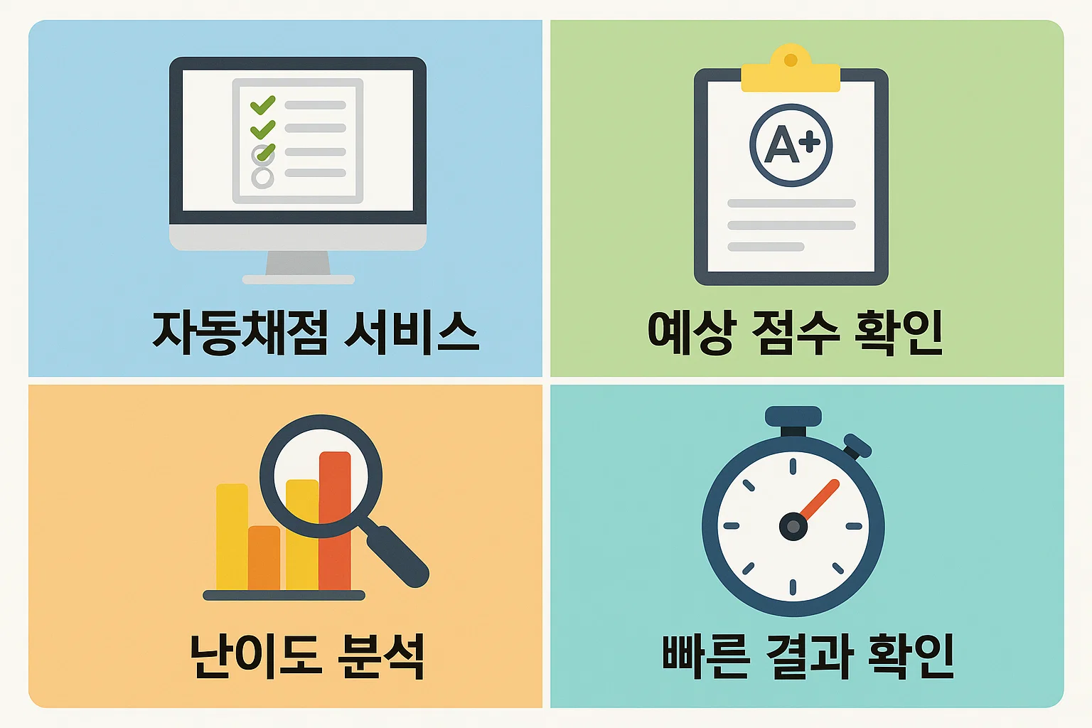 자동채점 서비스 이용방법, 예상 점수 확인, 난이도 분석, 결과 확인 절차를 시각적으로 설명한 인포그래픽