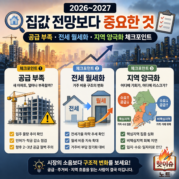 2026~2027 집값 전망보다 중요한 것: 공급 부족&middot;전세 월세화&middot;지역 양극화 체크포인트