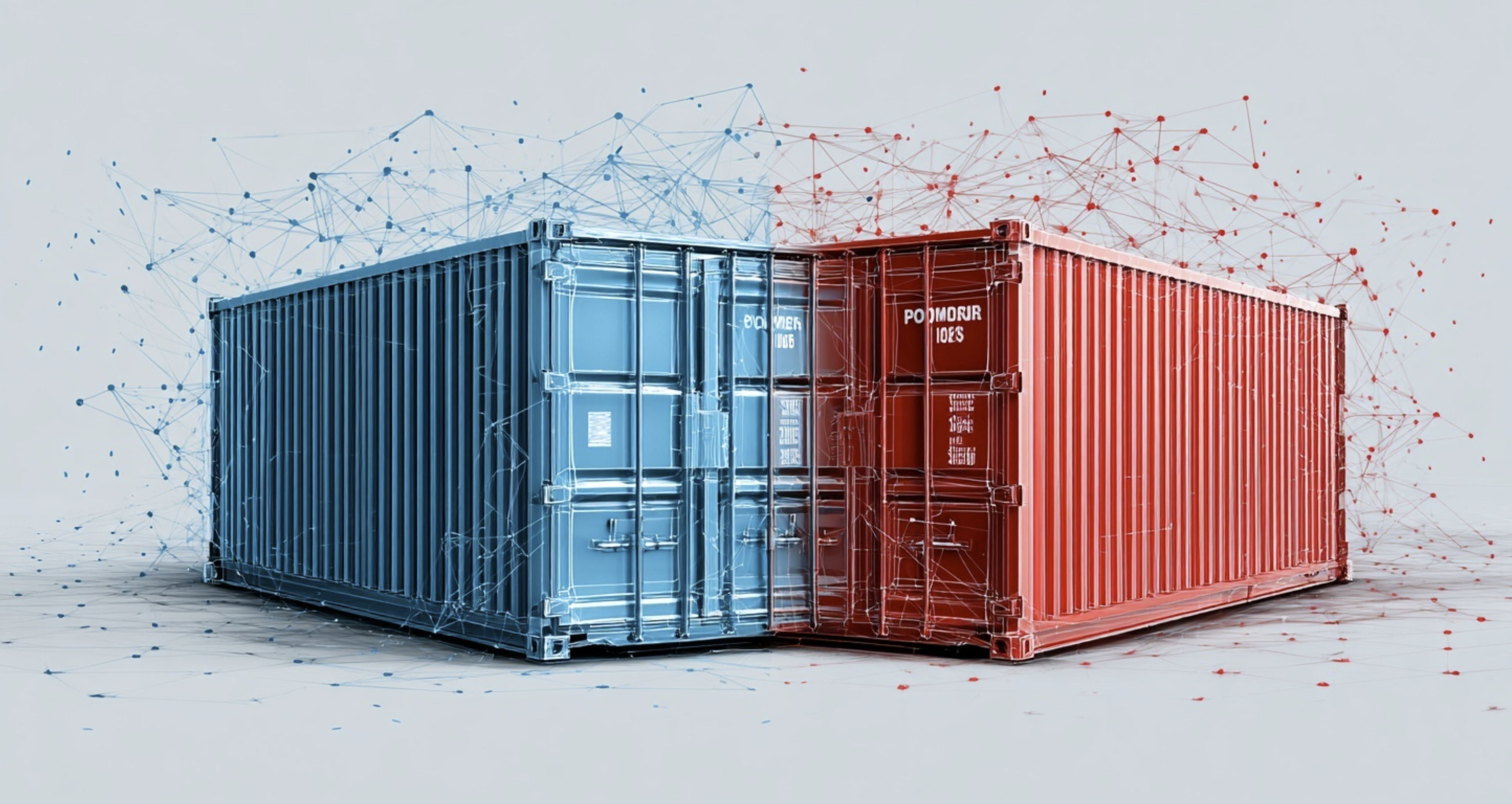 Docker와 Podman을 상징하는 컨테이너들이 디지털 네트워크로 연결된 모습