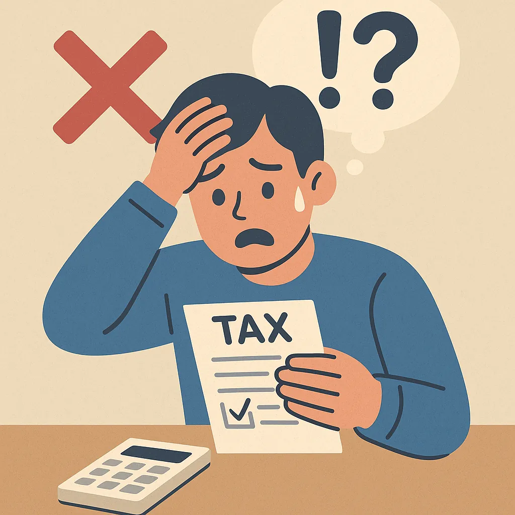 세금-신고-과정에서-실수를-저지른-남성이-혼란스러운-표정을-짓고-TAX-문서를-들고있는-일러스트