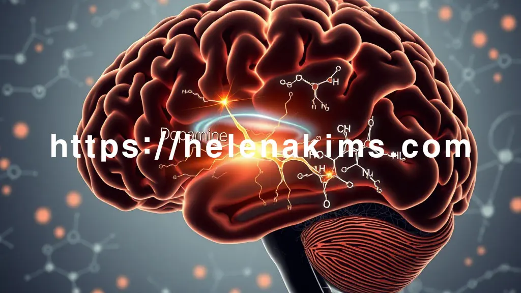 중앙에는 인간 뇌의 단면이 선명하게 드러나고, 특히 '흑질'이라고 표시된 작은 영역이 부드럽게 빛난다. 이 영역 안에서는 건강한 도파민 신경세포들이 활발하게 빛나다가, 점진적으로 퇴화하고 희미해지는 과정을 시각적으로 표현한 이미지.