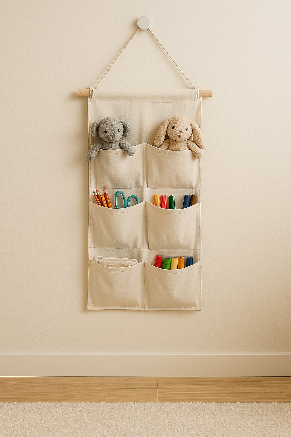 벽걸이 수납 포켓에 인형과 미술 도구가 정리되어 바닥이 넓어진 아이 방