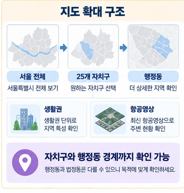 서울 25개 자치구와 행정동, 생활권 경계를 지도에서 선택해 확인하는 모습을 표현한 이미지