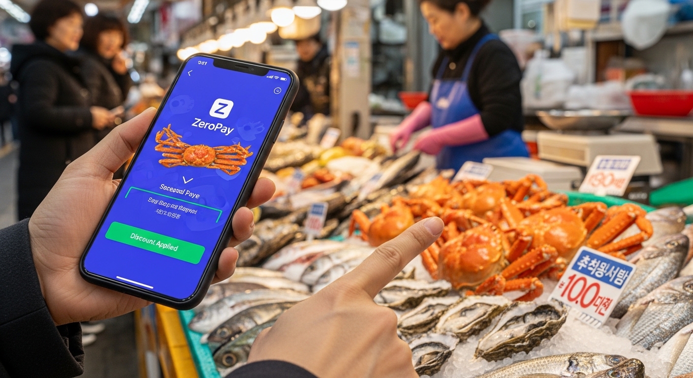 손에 스마트폰으로 제로페이 결제 완료 화면을 보여주며 전통 시장에서 할인된 수산물을 구매하는 모습.