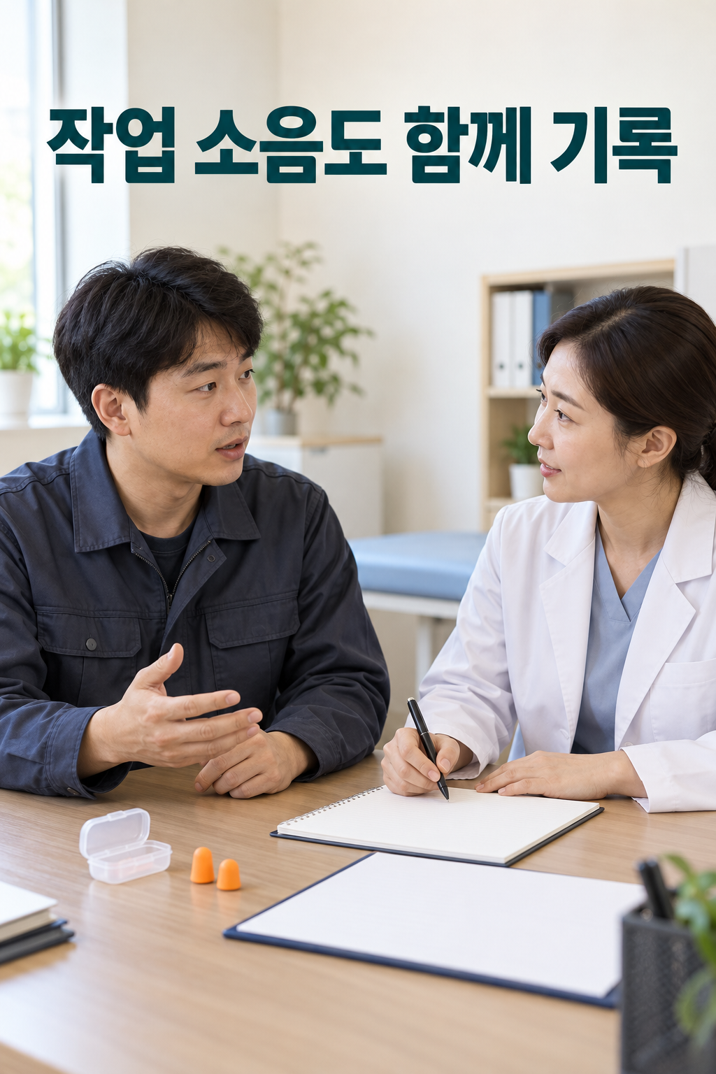 상담실에서 작업 소음과 청취 기록을 함께 확인하는 성인들