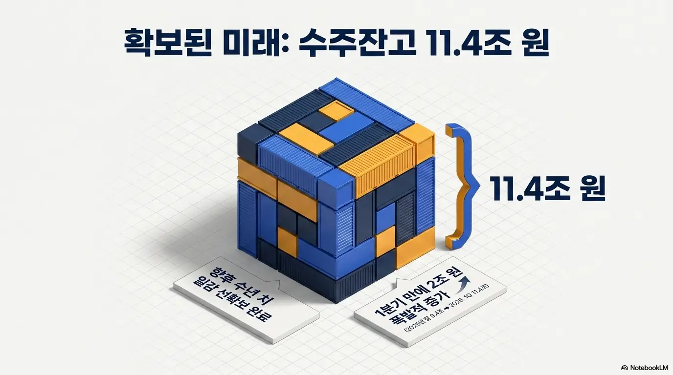 HD현대일렉트릭 주가 전망: HD현대일렉트릭의 수주잔고 11.4조 원을 블록 형태로 표현한 인포그래픽. 2025년 말 9.4조 원에서 2026년 1분기 11.4조 원으로 한 분기 만에 약 2조 원 증가해 향후 수년 치 일감을 선확보했음을 보여준다. 매출 가시성을 시각적으로 설명한다. 