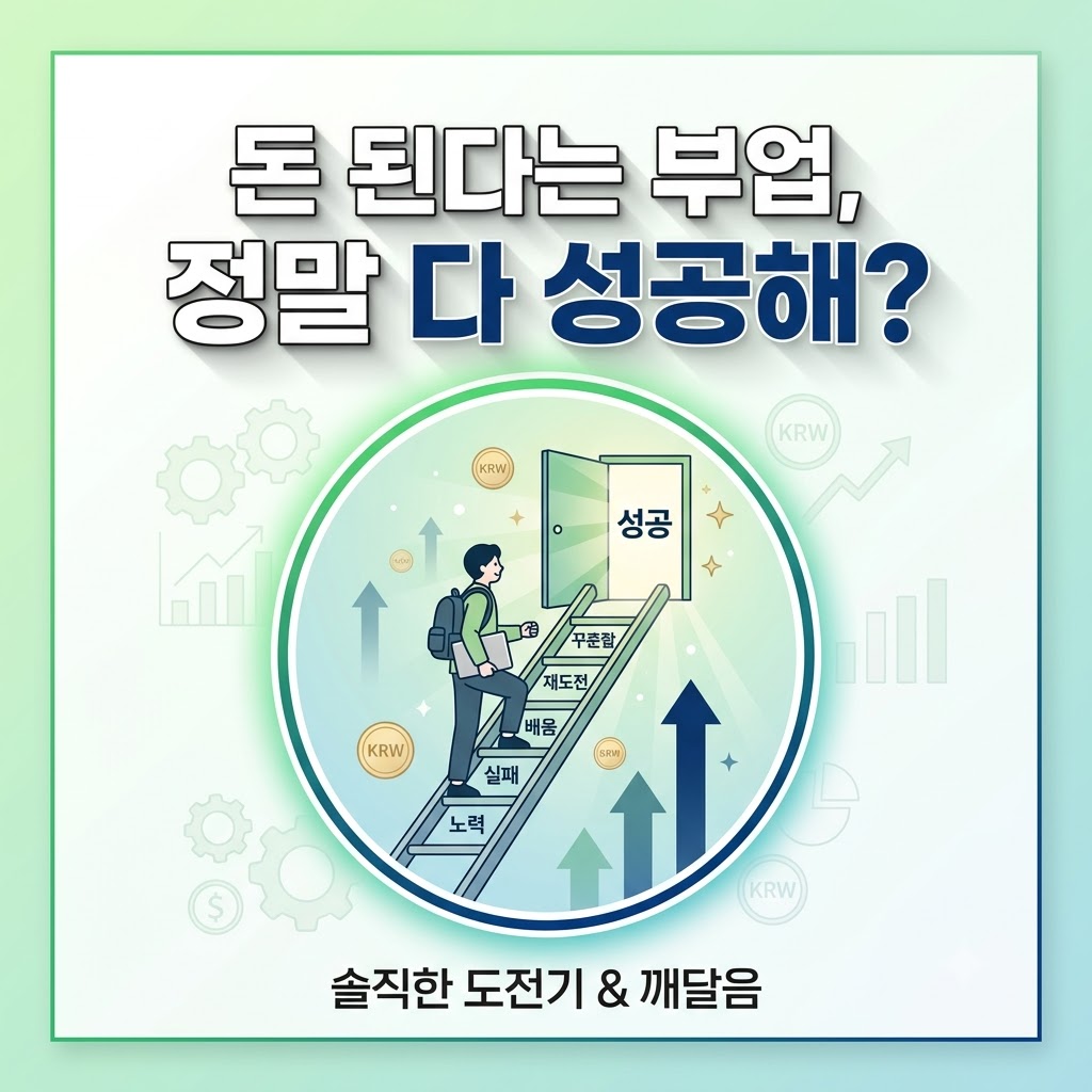 돈이 된다는 부업에 도전하며 노력, 실패, 배움, 재도전, 꾸준함을 거쳐 성공이라는 문으로 올라가는 계단 앞에 서 있는 사람의 모습