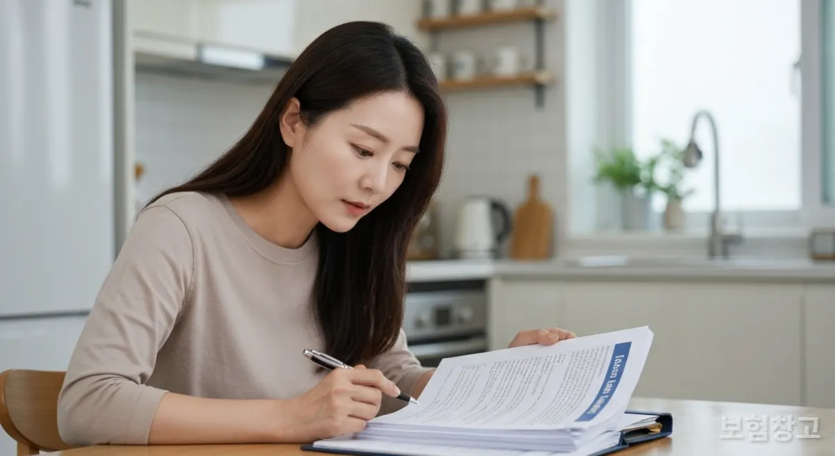 식탁에서 주택화재보험 서류를 꼼꼼히 검토하는 한국인 여성