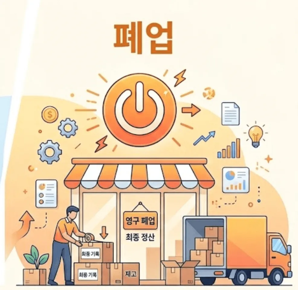 사업자 휴업-폐업 후 꼭 해야 할 일: '폐업 (Power Off)'은 빨간색 '전원 종료' 아이콘과 함께 계약 해지, 최종 세금 정산, 잔존재화 부가세 발생, 임대차 해지 등을 설명합니다. 텍스트를 최소화하고 아이콘과 배경 그래픽을 활용하여 직관적으로 이해할 수 있도록 구성되었습니다