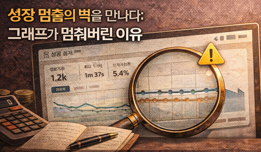 블로그 성장 그래프가 정체 구간에 머문 상태를 돋보기로 분석하는 대표 썸네일 이미지, 성장 멈춤의 원인을 인식하는 분석 장면