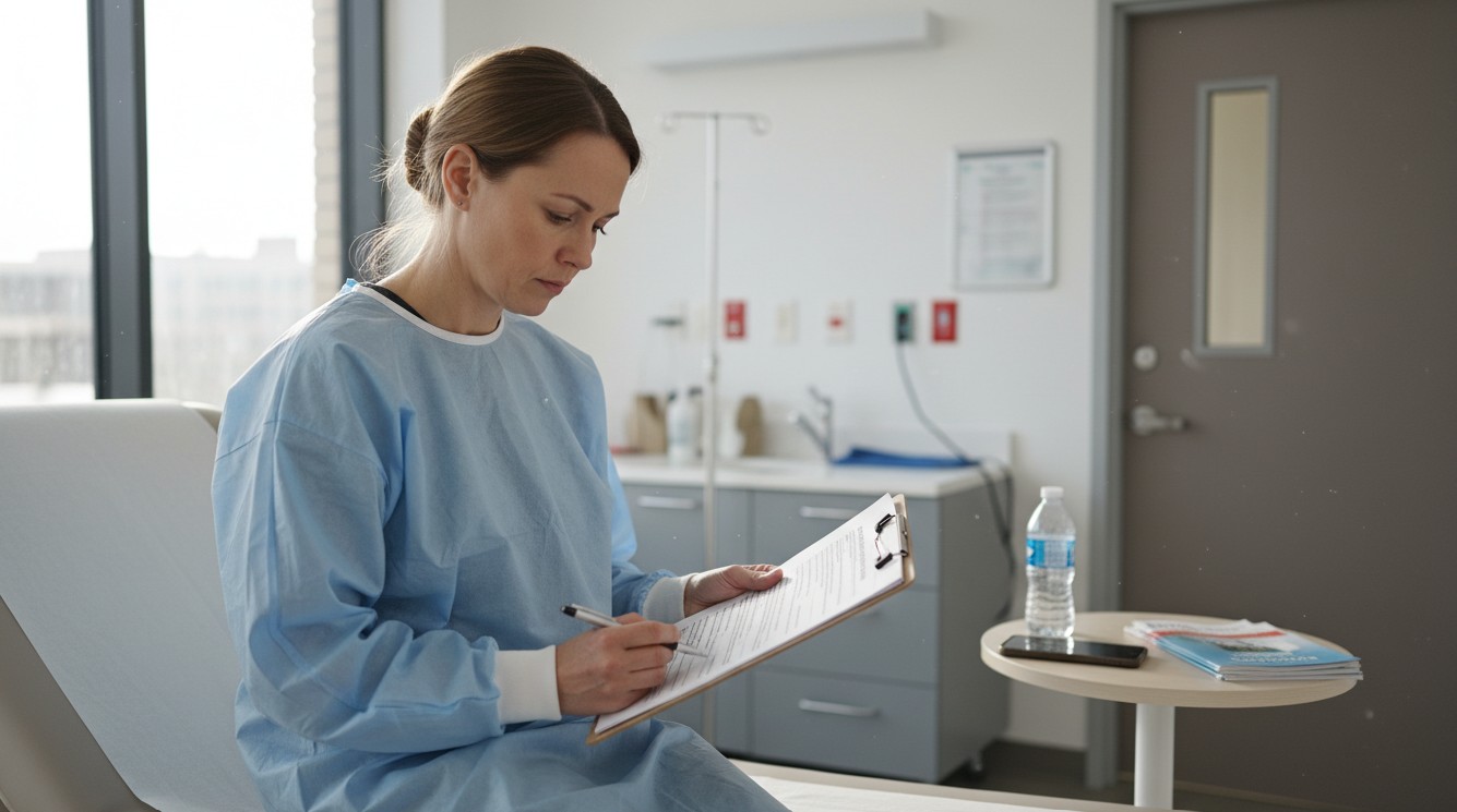 병원 진료실에서 문진표를 작성하는 사람 사진