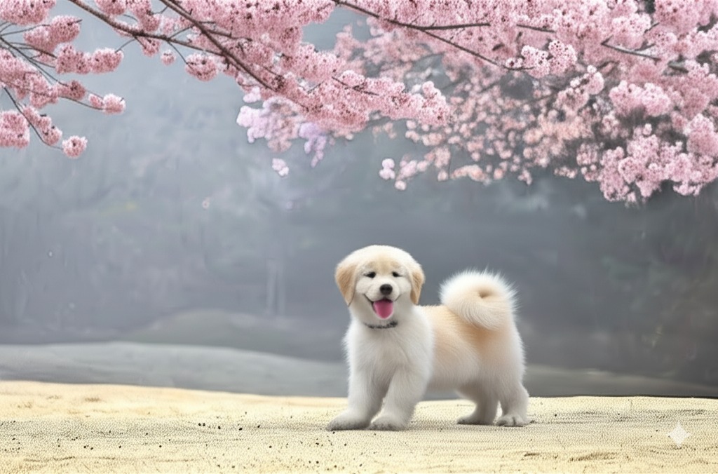 벚꽃이 피어있는 공원에 골든리트리버 강아지 1마리가 혀를 내밀고 서 있는 이미지