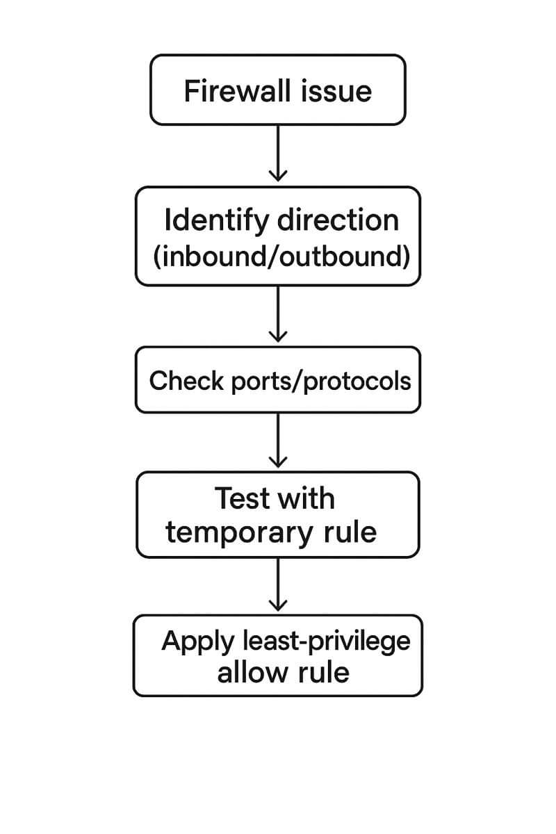 연결 실패 시 인바운드/아웃바운드 방향을 구분하고, 필요한 포트와 프로토콜을 확인한 뒤, 전체 해제 대신 최소 범위 예외 규칙으로 해결하는 절차를 단계별로 정리한 흐름도