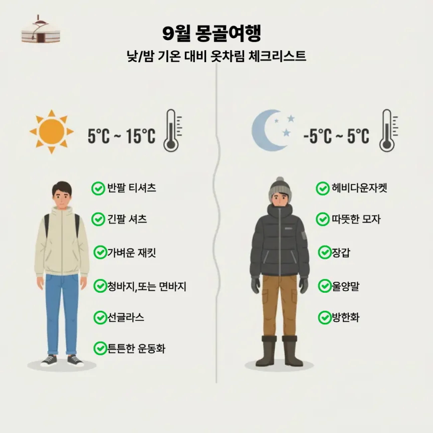 요약 인포그래픽 이미지: 낮/밤 기온 대비 옷차림 체크리스트