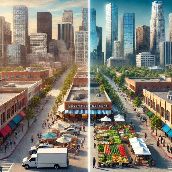 대도시와 소도시 상업 환경의 비교: 화려한 대로변과 아늑한 소도시 상점가.