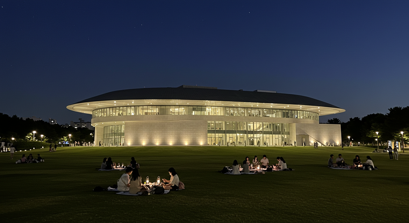 밤하늘 아래 조명이 켜진 광주 국립아시아문화전당의 환상적인 야경