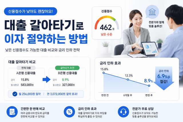 신용점수가 낮아도 가능한 대출 갈아타기 조건과 금리 비교 안내 이미지
