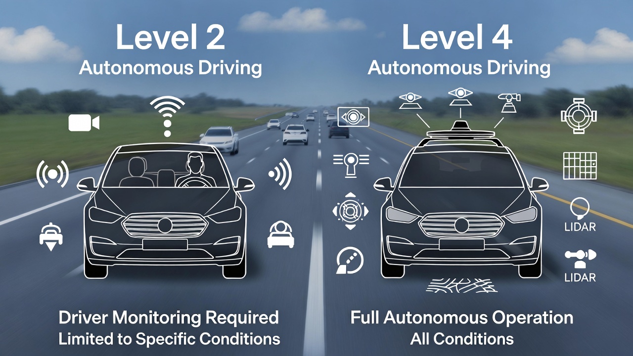 밤하늘 아래 미래 도시를 자율주행 차량들이 매끄럽게 운행하는 모습.