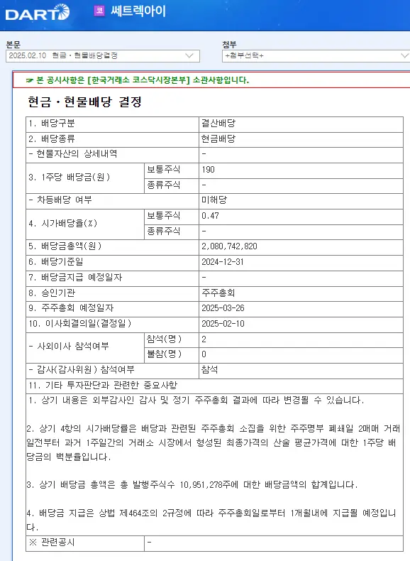 쎄트렉아이(099320) 2025년 배당, 배당금, 배당일