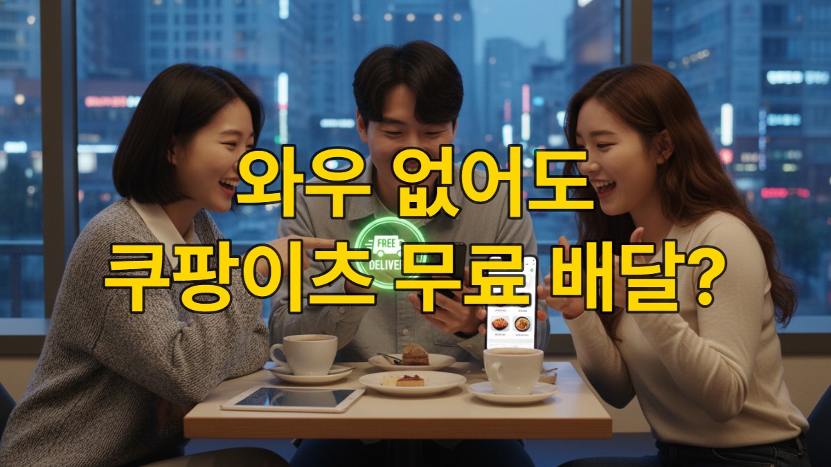 2026년 쿠팡이츠 무료 배달 혜택을 확인하며 기뻐하는 최신 한국인들. 스마트폰 화면에는 무료 배달 아이콘이 떠 있다.