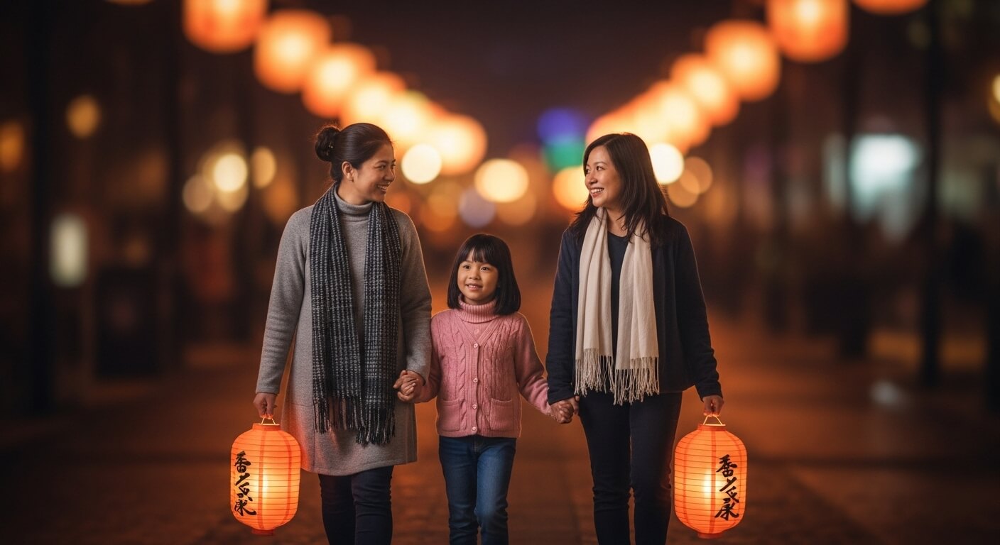 야간 거리에서 등불을 들고 함께 걷는 가족
