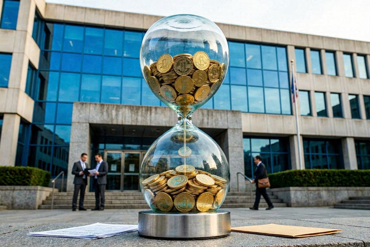 한국 세무 당국의 건물 전경과 픽셀 단위로 쪼개지는 디지털 자산 차트, 그리고 거대한 모래시계가 결합되어 '시간의 제한(이월 불가)'을 상징하는 추상적인 파이낸셜 일러스트.