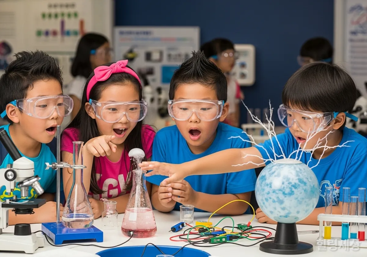 국립어린이과학관에서 과학 실험 기구를 조작하며 신기해하는 아이들의 모습