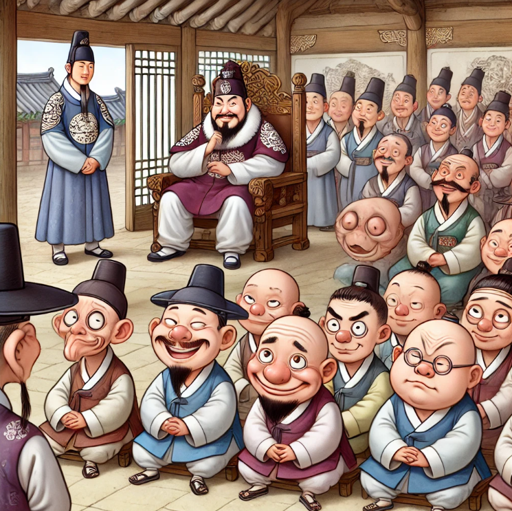 왕 앞에서 줄지어 선 평범한 외모의 내관 후보들