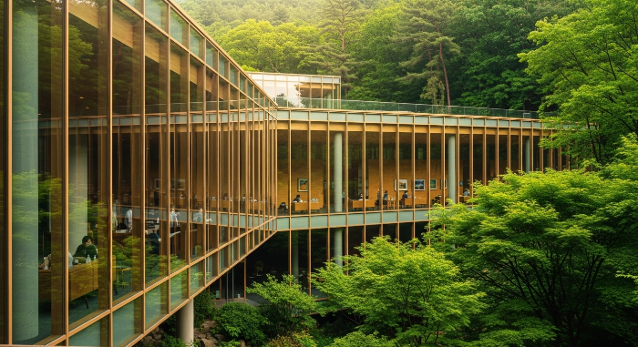 경기도 숲속에 자리한 현대적이고 친환경적인 이색 건축물, 유리와 목재가 조화를 이루며 자연과 어우러진 모습.