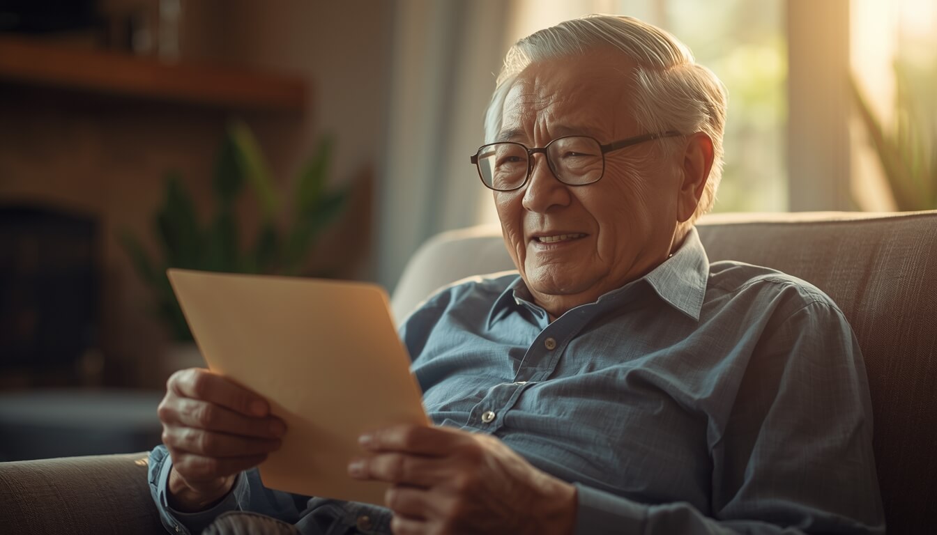기초연금 관련 서류를 확인하며 희망적인 표정을 짓는 어르신
