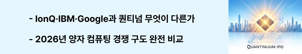 퀀티넘 IPO: "IonQ&middot;IBM&middot;Google과 퀀티넘 무엇이 다른가 / 2026년 양자 컴퓨팅 경쟁 구도 완전 비교"라는 문구가 포함된 웹배너 이미지. 이 이미지는 퀀티넘과 IonQ&middot;IBM&middot;Google&middot;Microsoft 간의 기술 방식 및 전략 차이를 시각적으로 전달하며, 블로그의 양자 컴퓨팅 경쟁사 비교 주제와 관련된 내용을 설명함 (Quantinuum vs IonQ IBM Google Microsoft quantum computing comparison 2026)