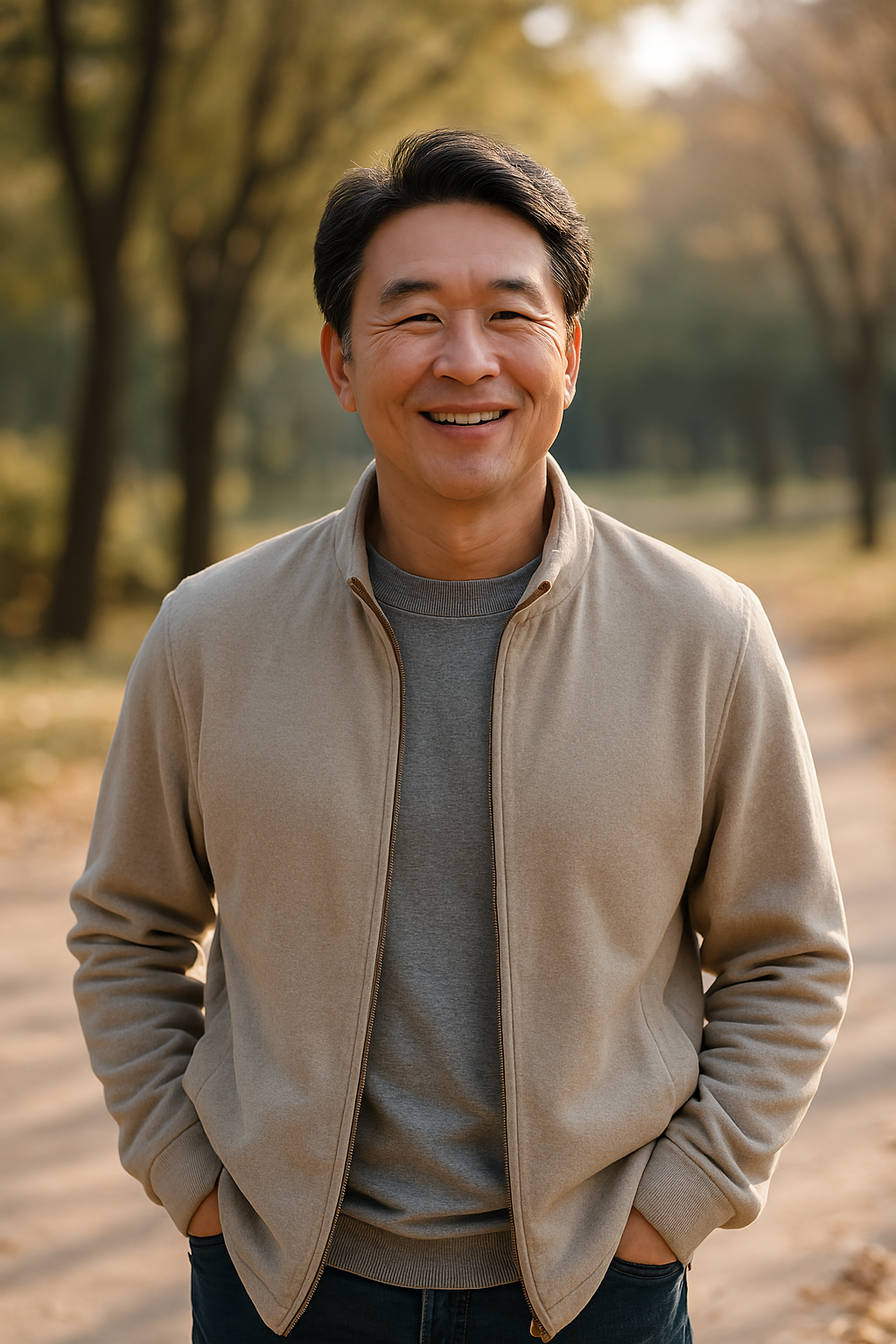 햇살이 비치는 공원에서 조용히 산책하거나 미소 짓는 중년남성