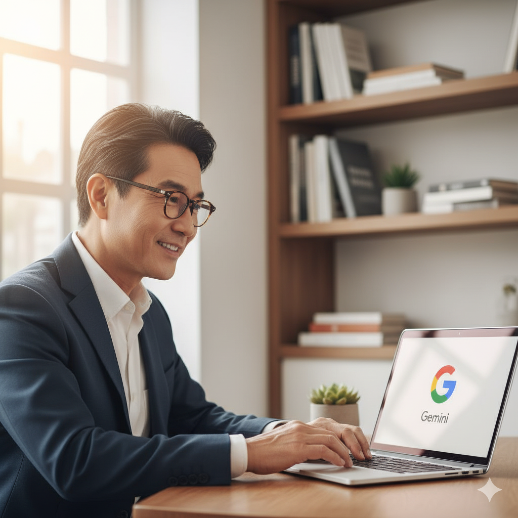 노트북으로 제미나이(Gemini)를 사용하며 만족스럽게 미소 짓는 중년 남성