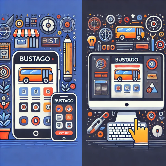 버스타고 앱과 홈페이지 기능을 비교하는 스마트폰과 데스크톱 화면.