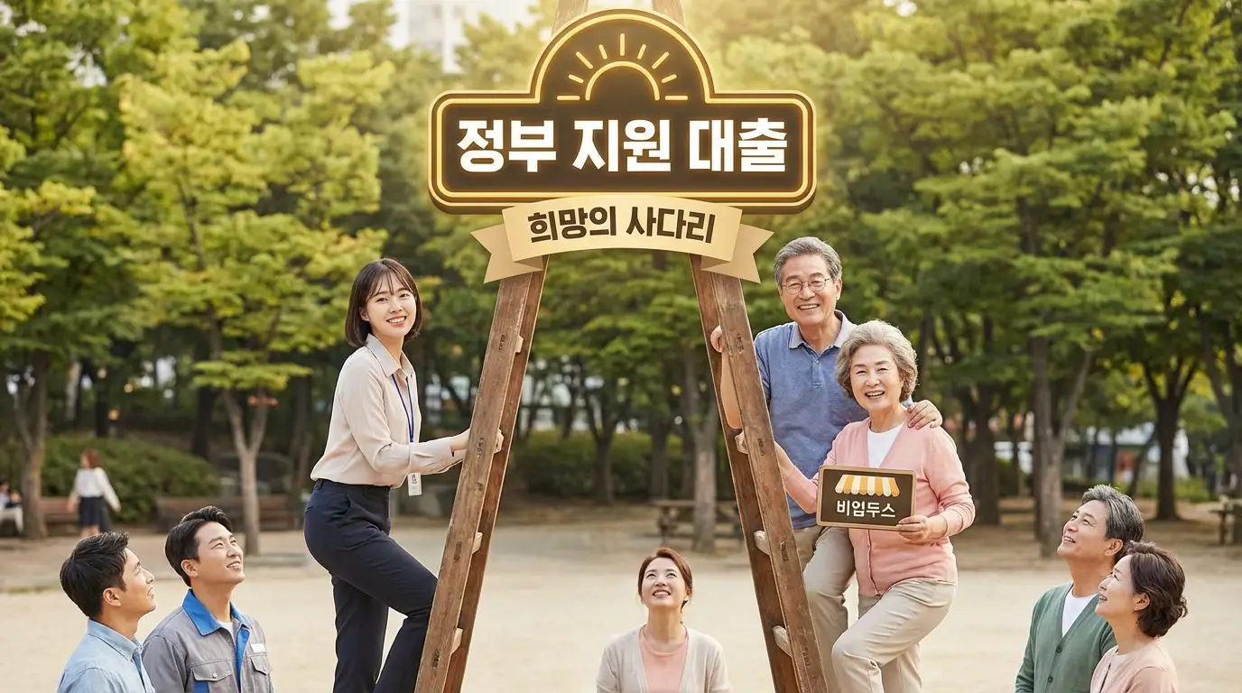 직장인, 사업자, 청년 등 다양한 사람들이 정부 지원 대출이라는 사다리를 통해 희망을 찾는 모습