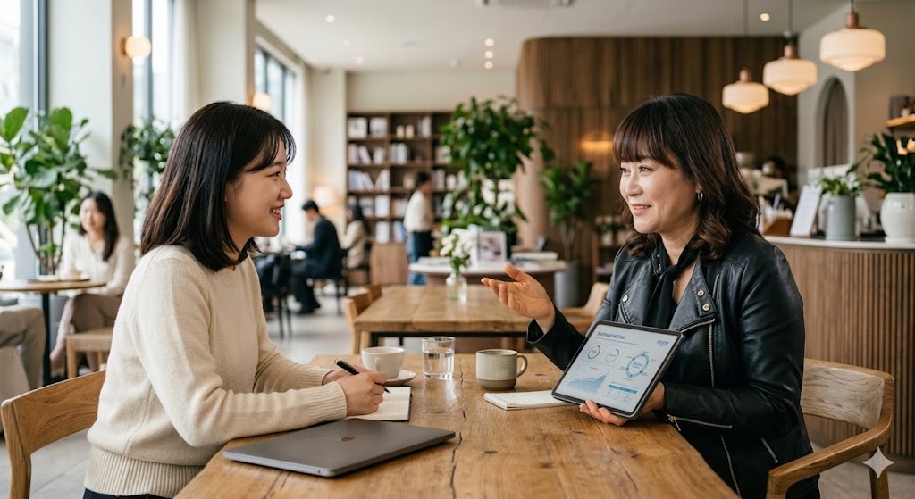 카페에서 파트너의 고민을 인자하게 들어주며 확신 있는 대화를 주도하는 다이아몬드 리더의 모습.