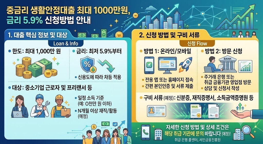 중금리 생활안정대출 최대 1000만원, 금리 5.9% 신청방법 안내 인포그래픽