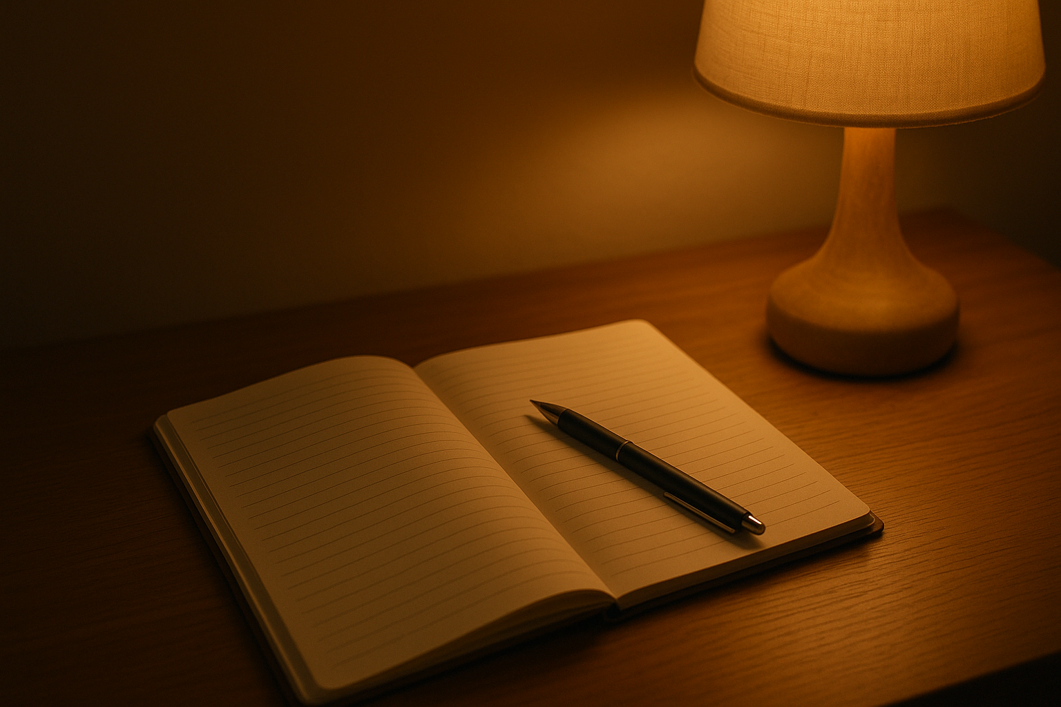따뜻한 조명이 비추는 책상 위의 노트와 펜"