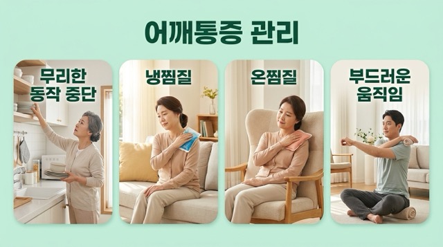어깨통증 관리 냉찜질 온찜질 휴식 스트레칭 자세 교정