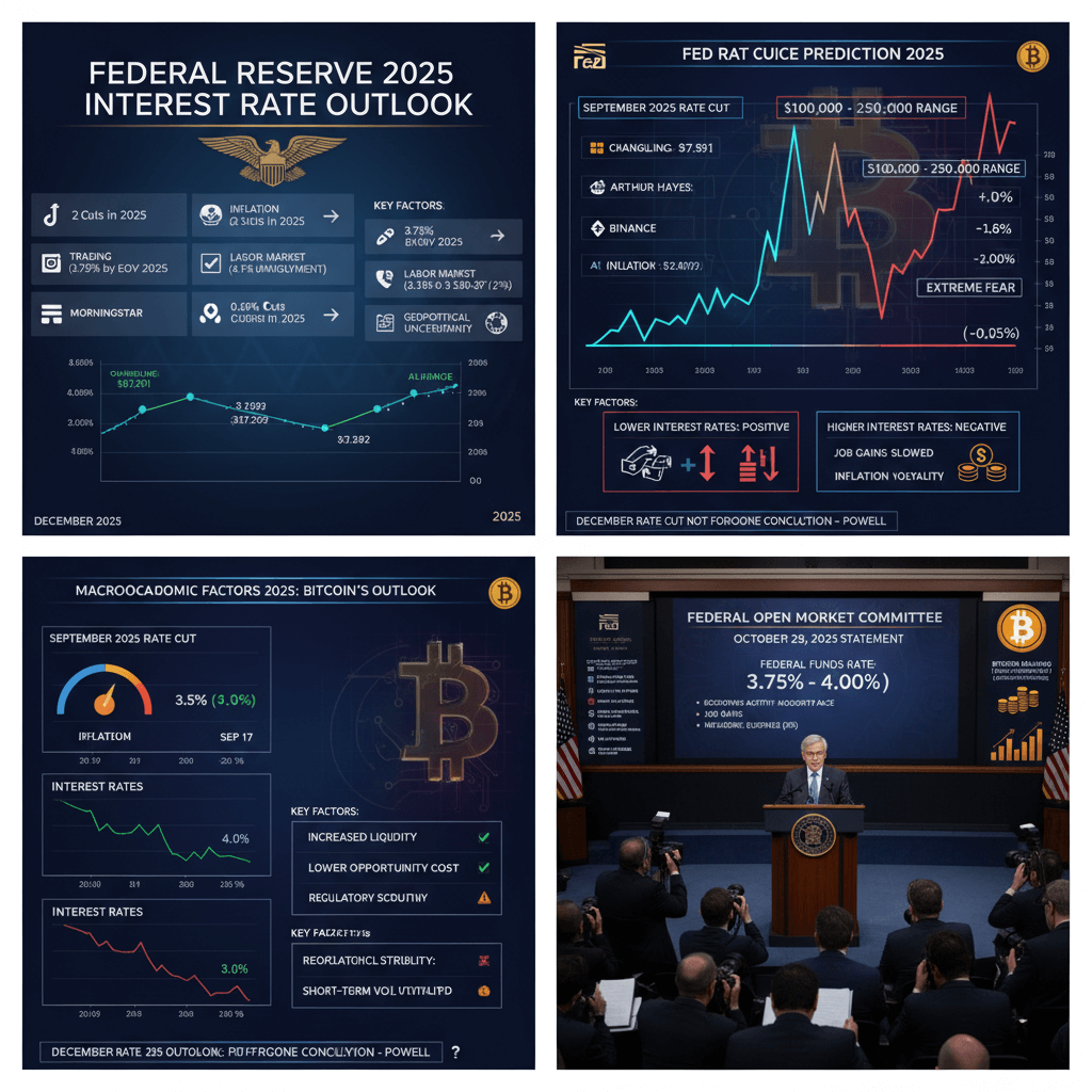 2025년 연방준비제도 금리 전망, 비트코인 시세 예측 및 FOMC 회의를 보여주는 금융 정보 차트