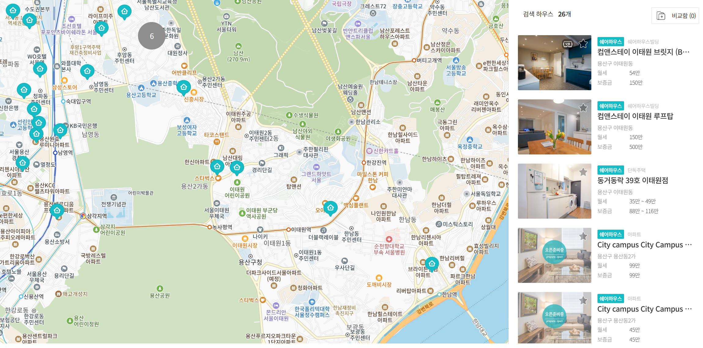 쉐어하우스 지도로 검색하기(컴앤하우스)