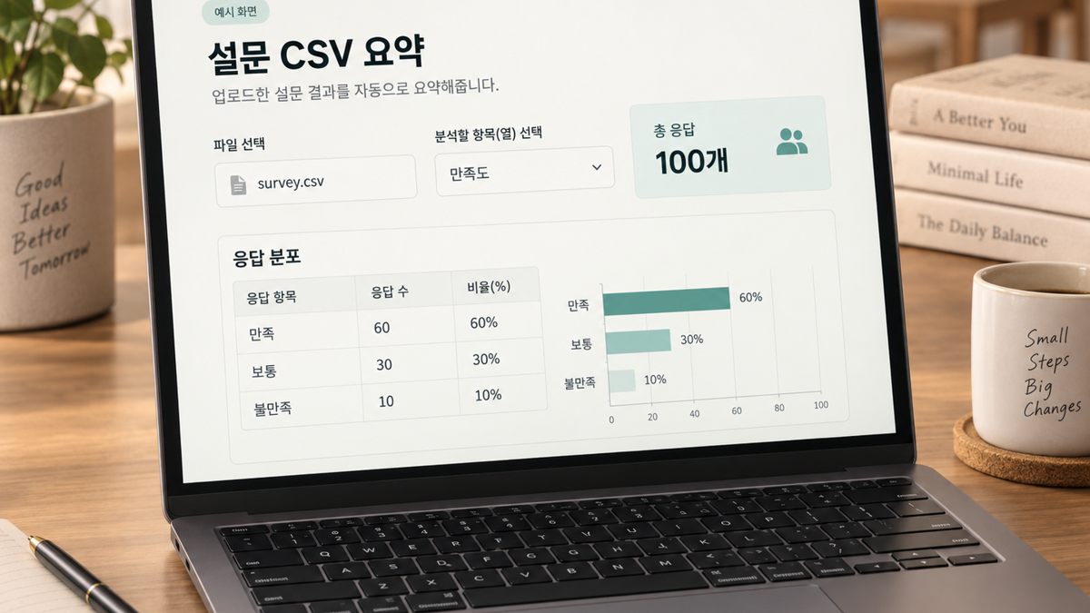 예시 화면: 만족도 열의 응답 수와 선택지별 비율을 보여주는 설문 CSV 요약 MVP