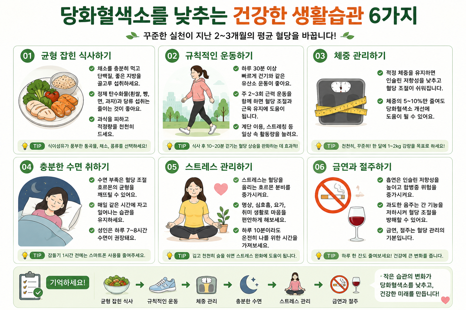 식사와 운동 등 혈당 관리에 관련된 생활습관을 소개한 그림