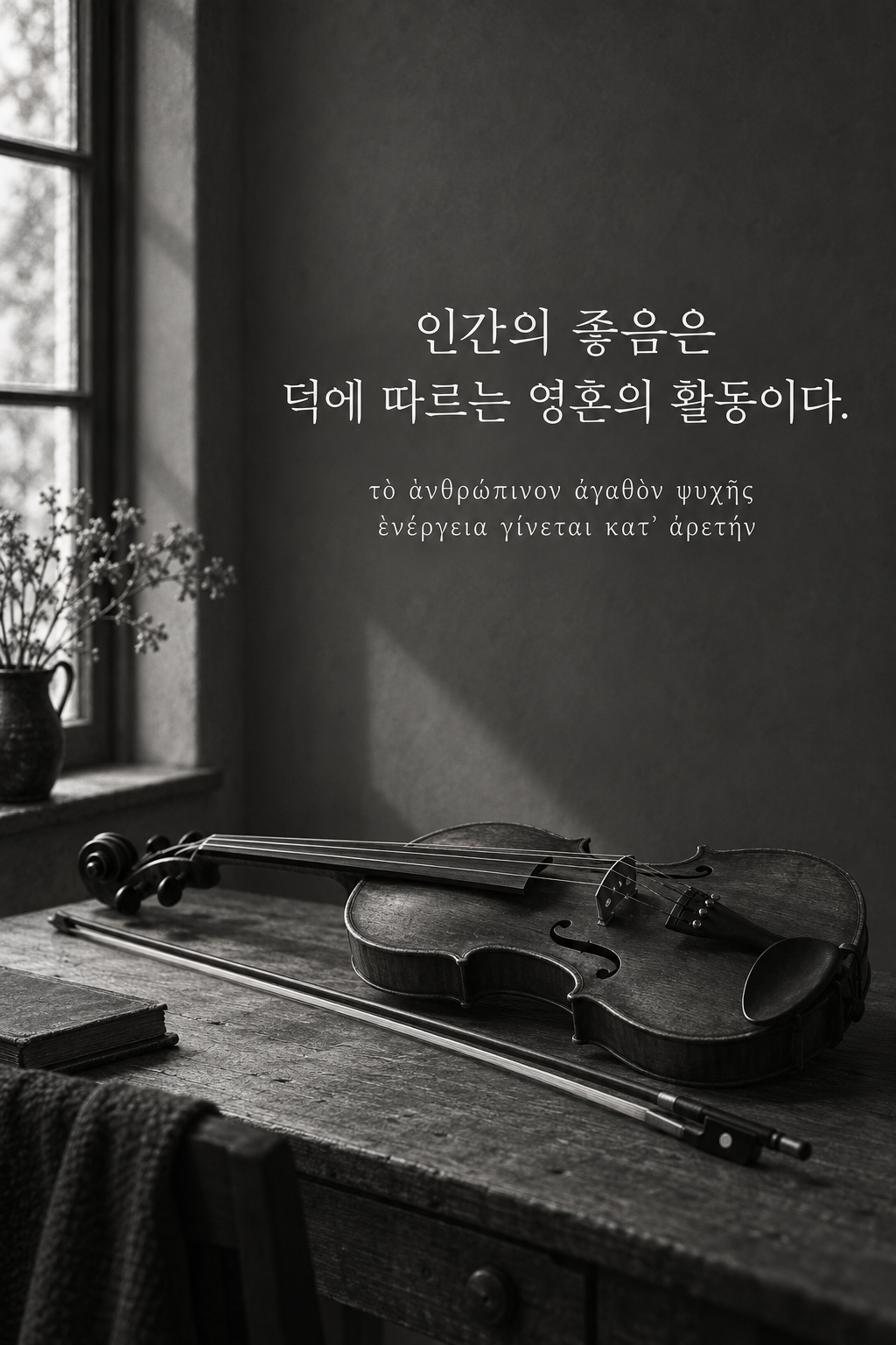 아리스토텔레스 명언 8 — 인간의 좋음은 덕에 따르는 영혼의 활동이다. — 흑백사진
