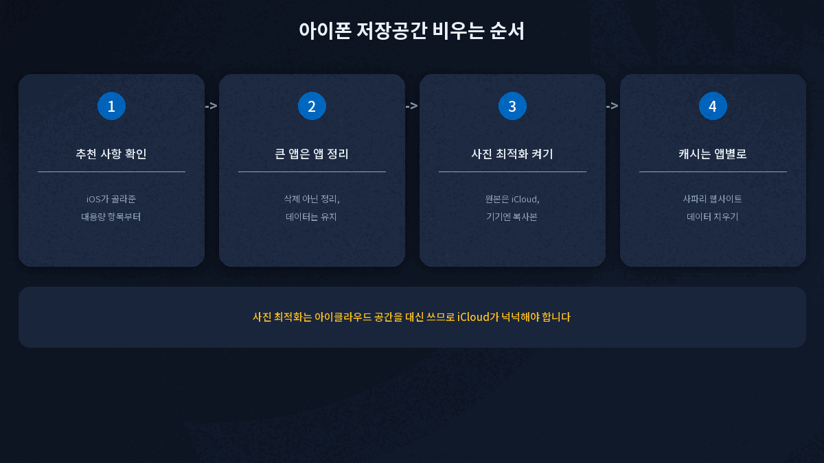 아이폰 저장공간 비우는 순서 추천사항 앱정리 사진최적화 캐시