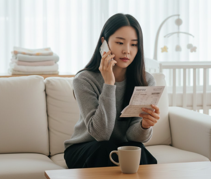 차분한 분위기에서 고객센터에 전화 상담을 하는 출산 가구 보호자 모습