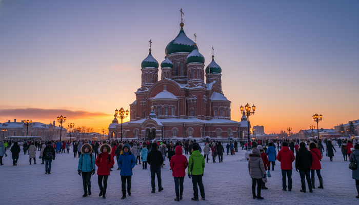 눈 덮인 하얼빈 성 소피아 성당의 웅장한 야경 풍경