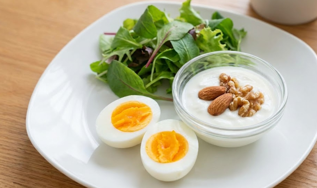 삶은 달걀, 두부, 그릭요거트, 견과류 혹은 채소